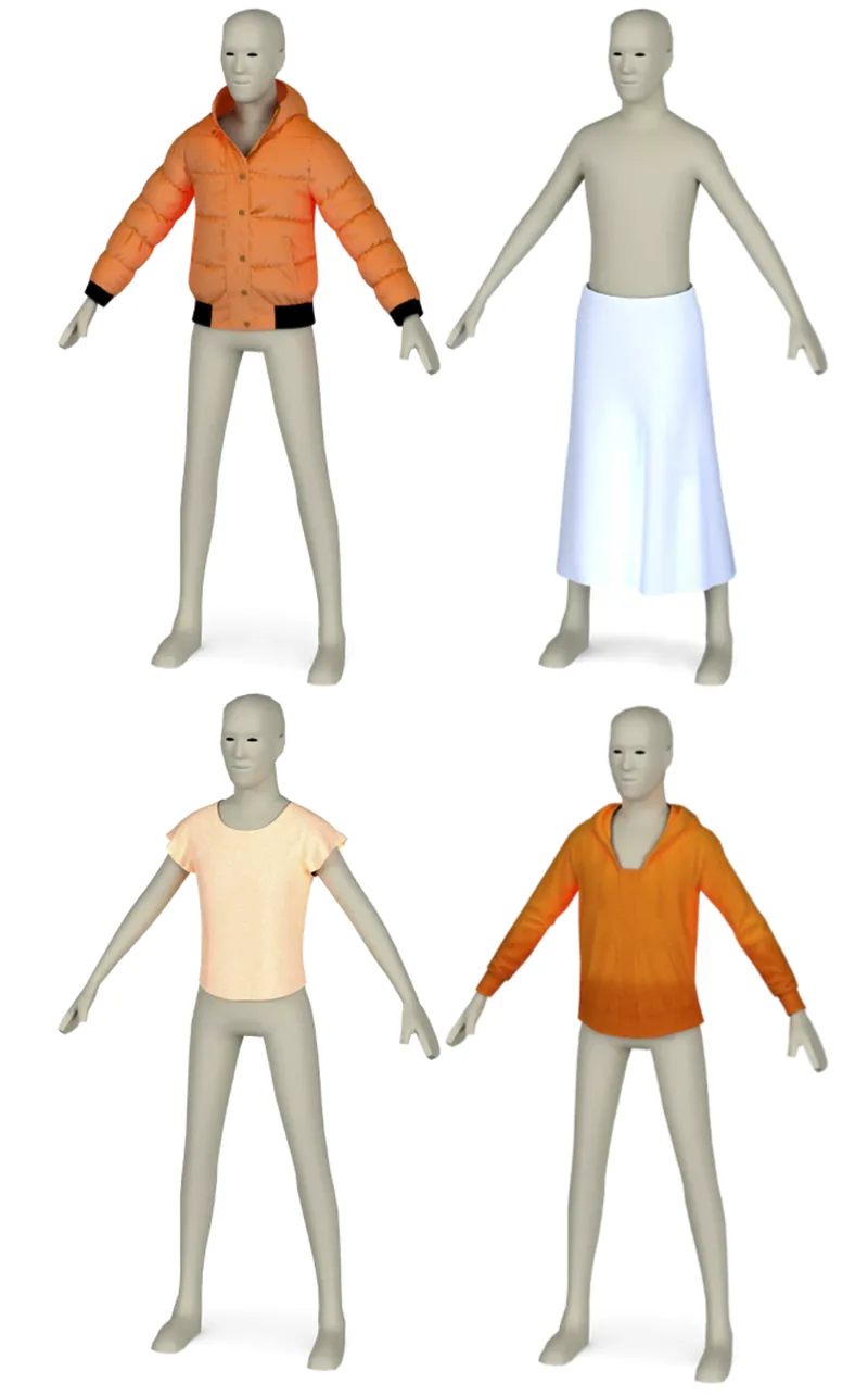 Four garments as designed on the source mannequin