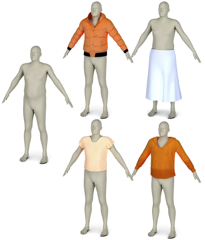 The four garments retargeted onto a slim SMPL body