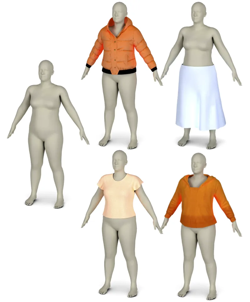 The four garments retargeted onto a heavier SMPL body