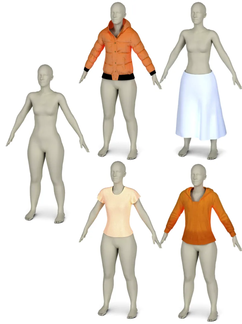 The four garments retargeted onto a fourth SMPL body