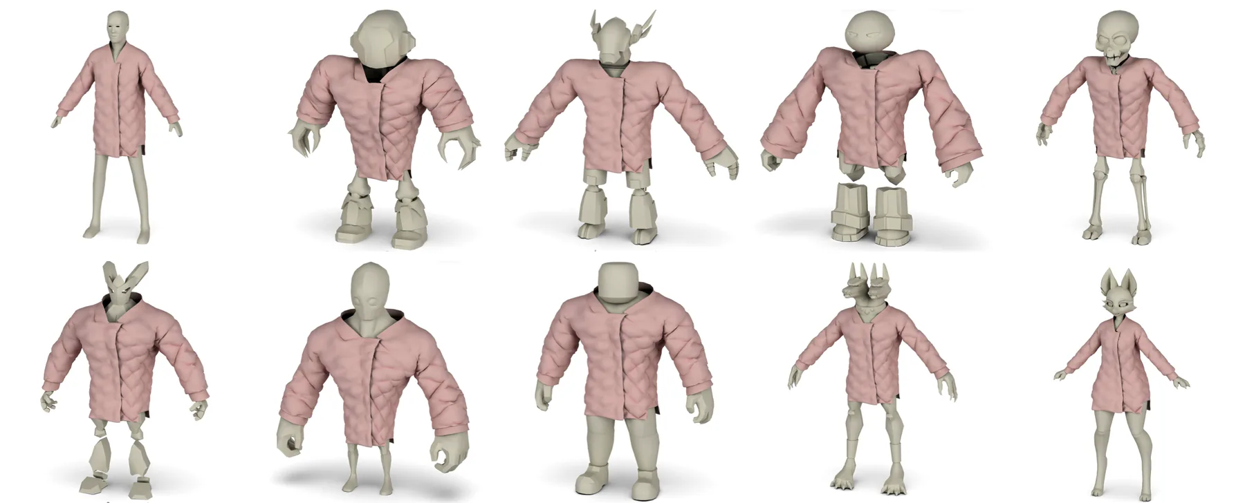 Panel showing garment 3 on the mannequin followed by all nine avatars