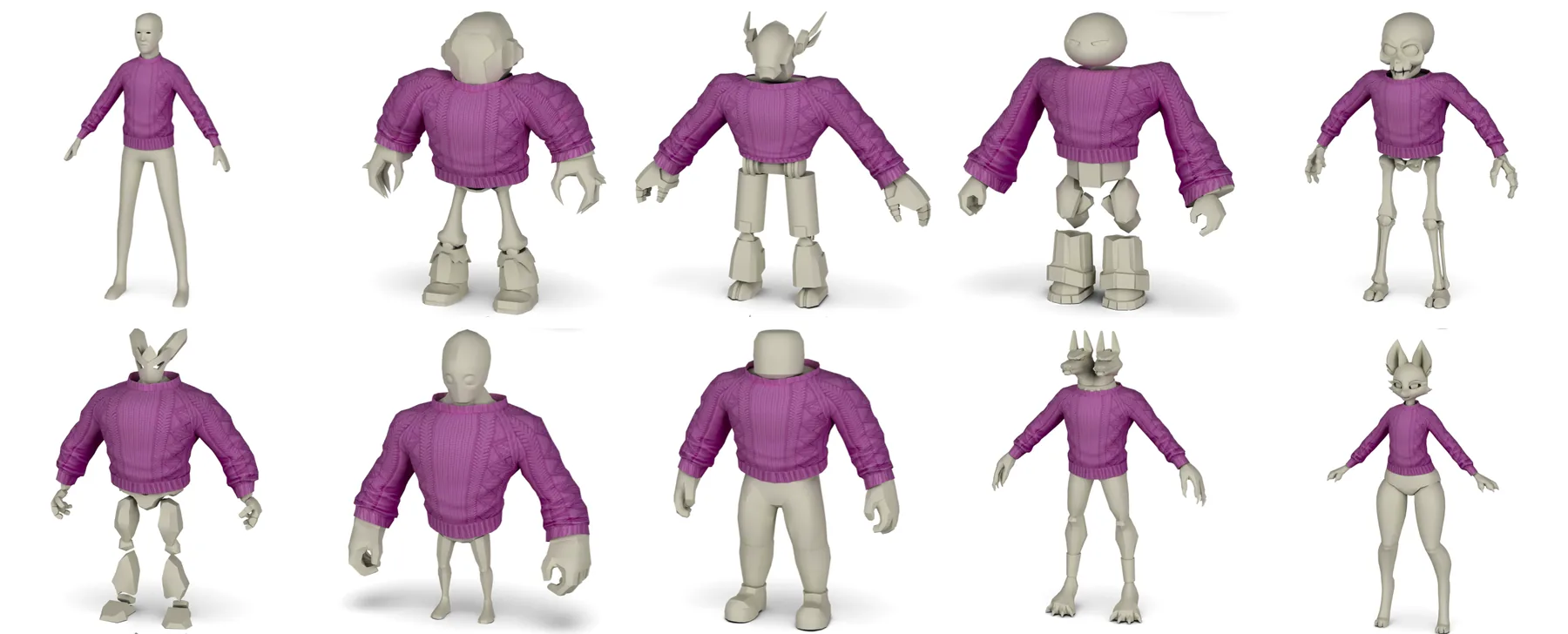 Panel showing garment 5 on the mannequin followed by all nine avatars