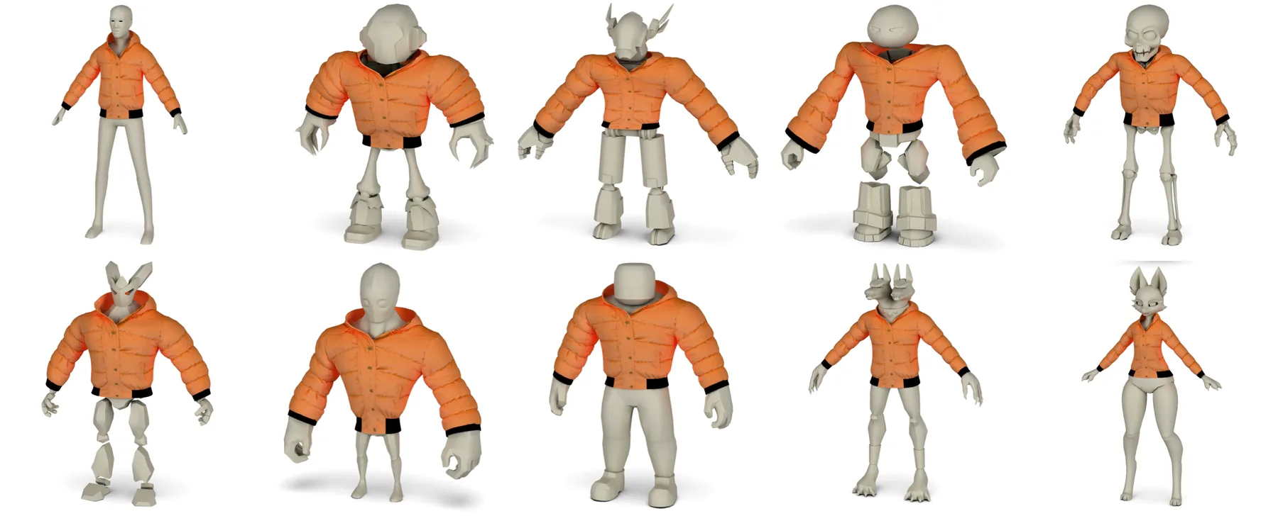 Panel showing garment 1 on the mannequin followed by all nine avatars
