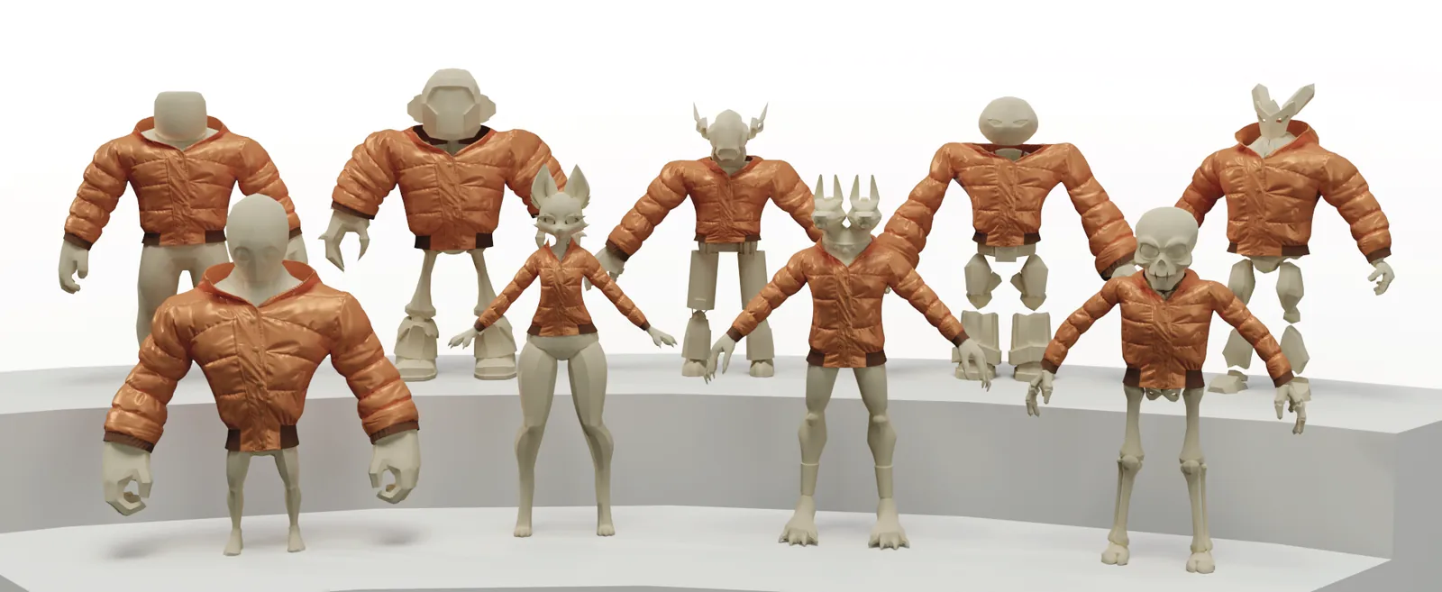 A puffer coat designed on a mannequin, retargeted onto SMPL humans on the left and non-human game avatars on the right