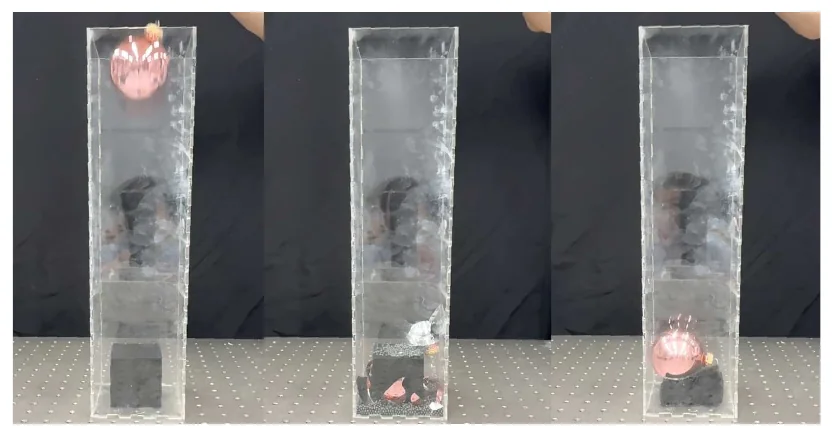 Drop experiment: a glass ball survives on the microstructure but shatters on a solid cube