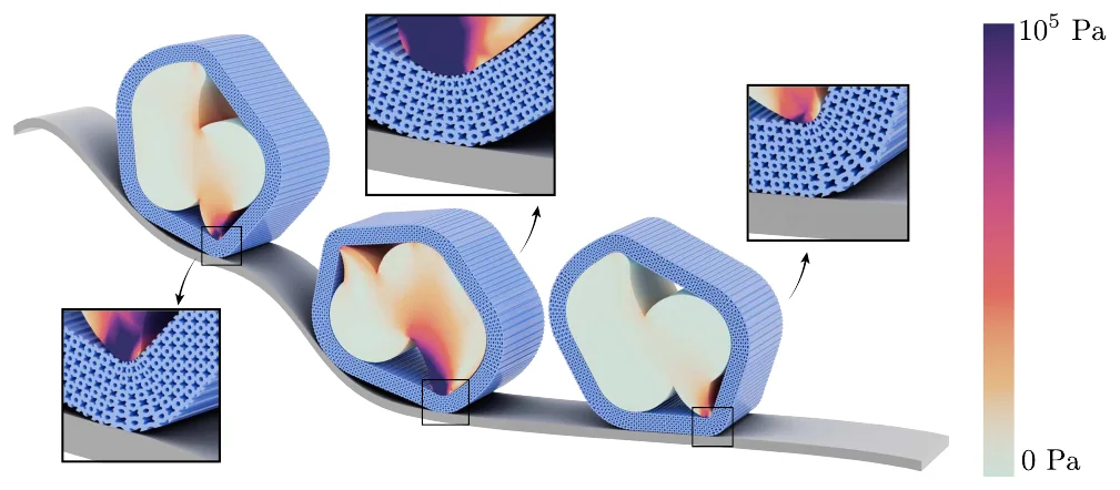 A duck falling down a slope on un-optimized microstructures, with Von Mises stress shown